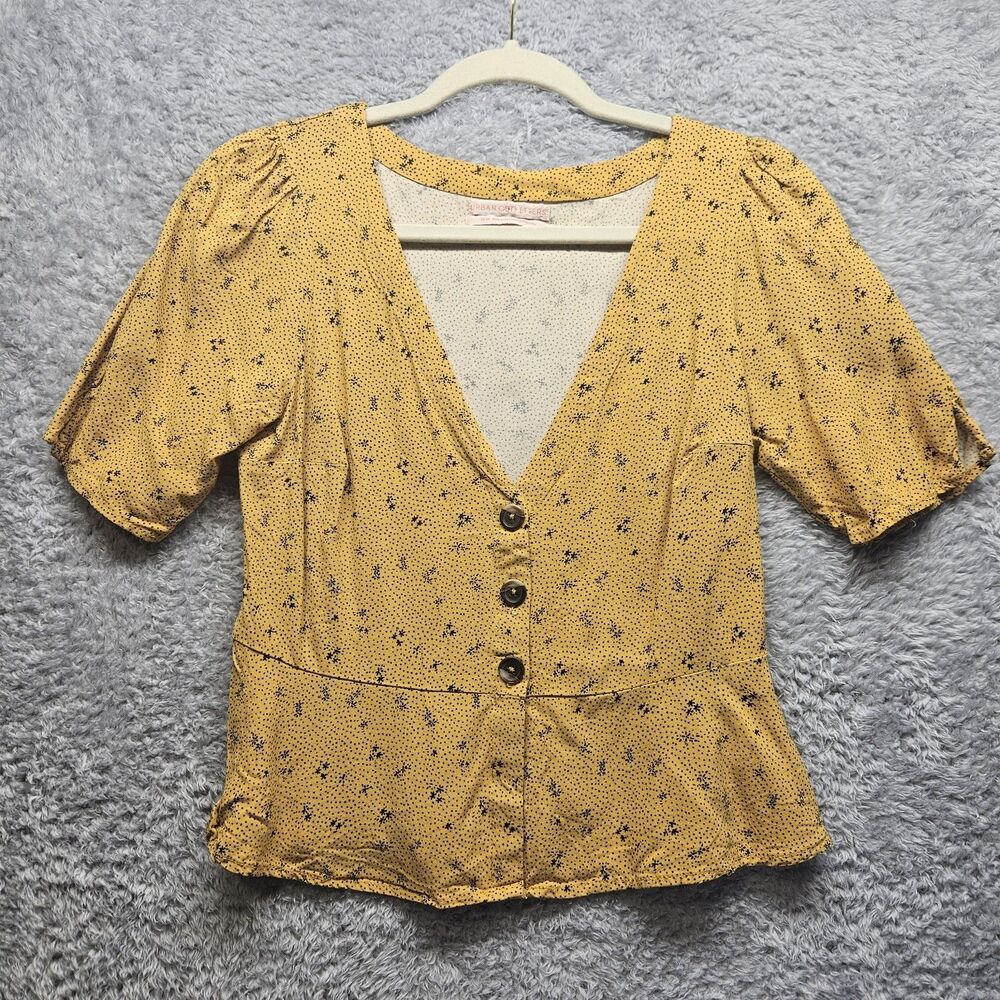 Urban Outfitters Womens Yellow Floral Blouse Size Medium Peplum Buttons Vneck